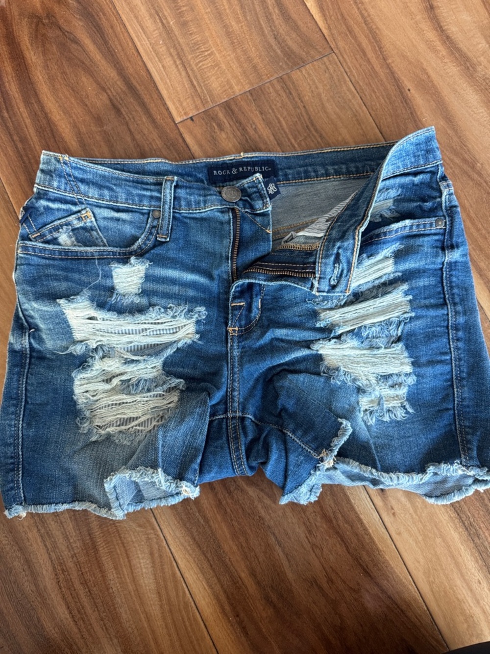Rock & Republic Ripped Blue Denim Shorts with Striped Underlay